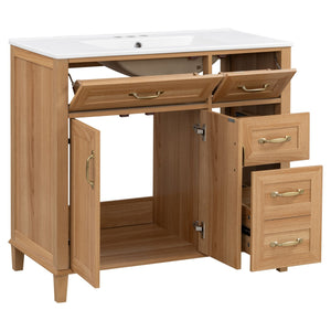 English Elm [video] 36 Inch Freestanding Bathroom Vanity with Ceramic Sink and Soft Close Storage N759P395344N