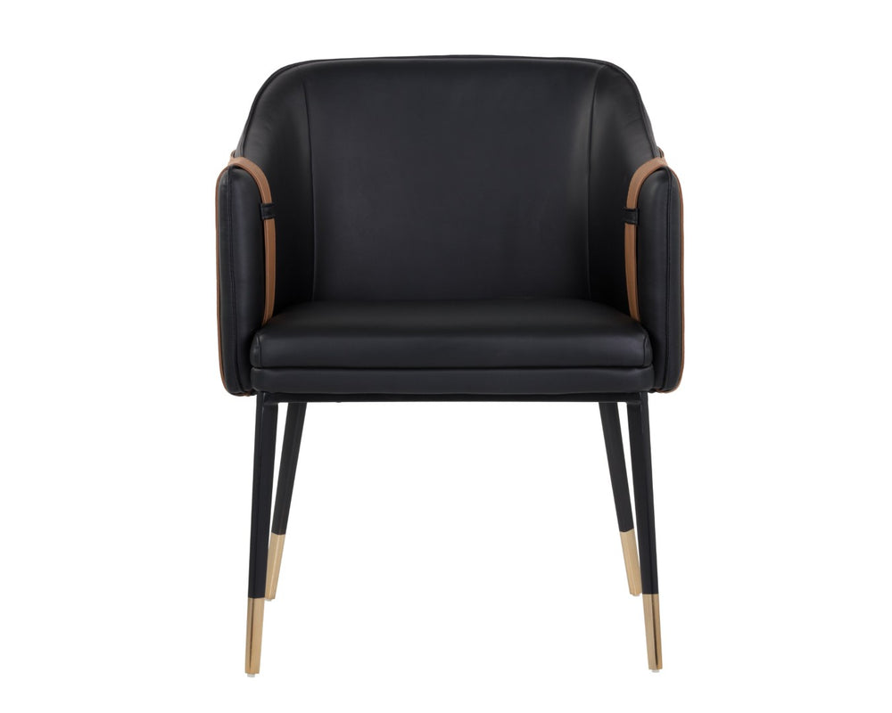 Sunpan CARTER Dining Armchair – Stylish Barrel-Back Design in Napa Black & Cognac Faux Leather Finish 103788