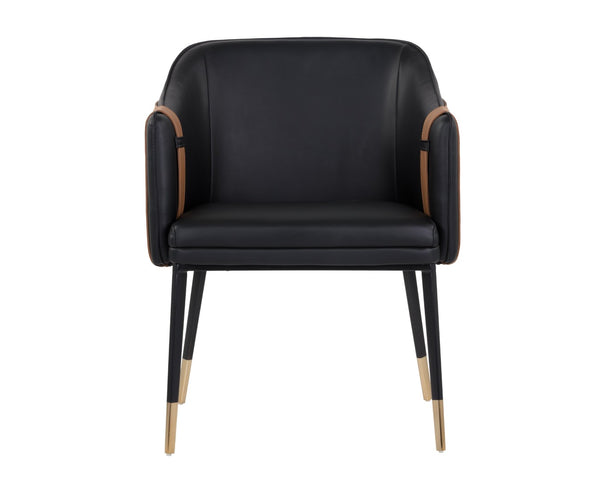 Sunpan CARTER Dining Armchair – Stylish Barrel-Back Design in Napa Black & Cognac Faux Leather Finish 103788