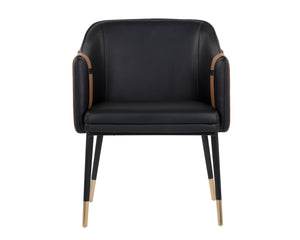 Sunpan Carter Barrel Back Dining Armchair in Faux Leather with Stylish Copper Foot Caps and Steel Legs Napa Black / Napa Cognac