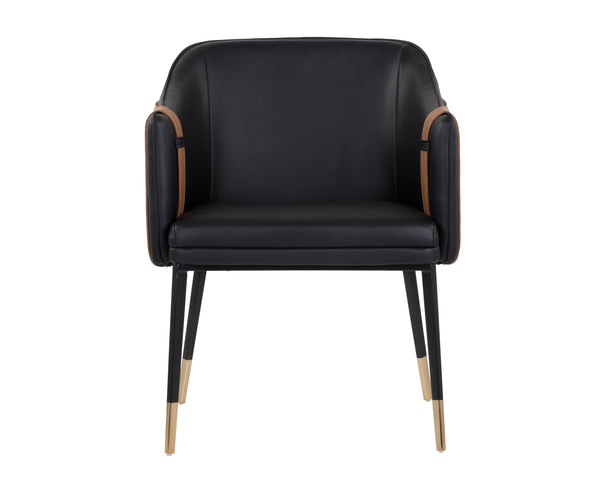 Sunpan Carter Barrel Back Dining Armchair in Faux Leather with Stylish Copper Foot Caps and Steel Legs Napa Black / Napa Cognac