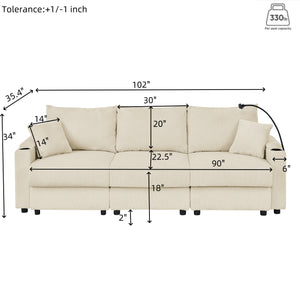 English Elm L-Shaped Modern Sofa With Ottoman, Storage, Cup & Phone Holders - Beige Corduroy Comfort For Living Rooms W1117S00209
