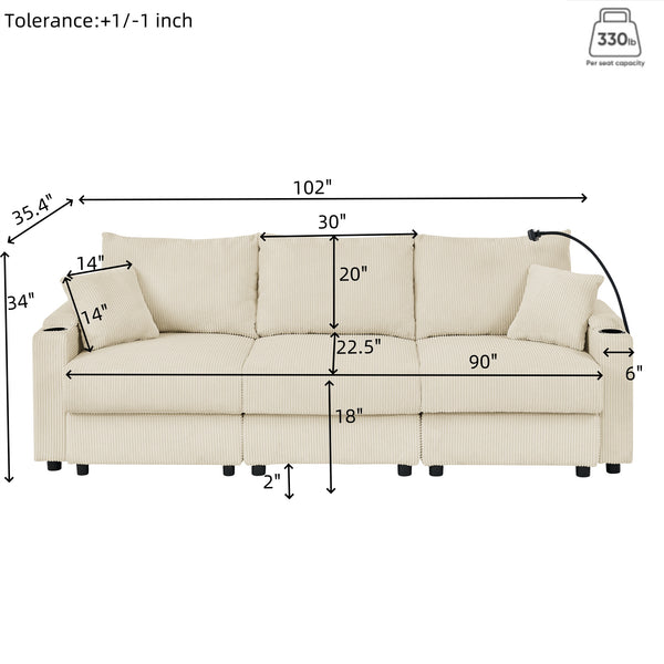 English Elm L-Shaped Modern Sofa With Ottoman, Storage, Cup & Phone Holders - Beige Corduroy Comfort For Living Rooms W1117S00209