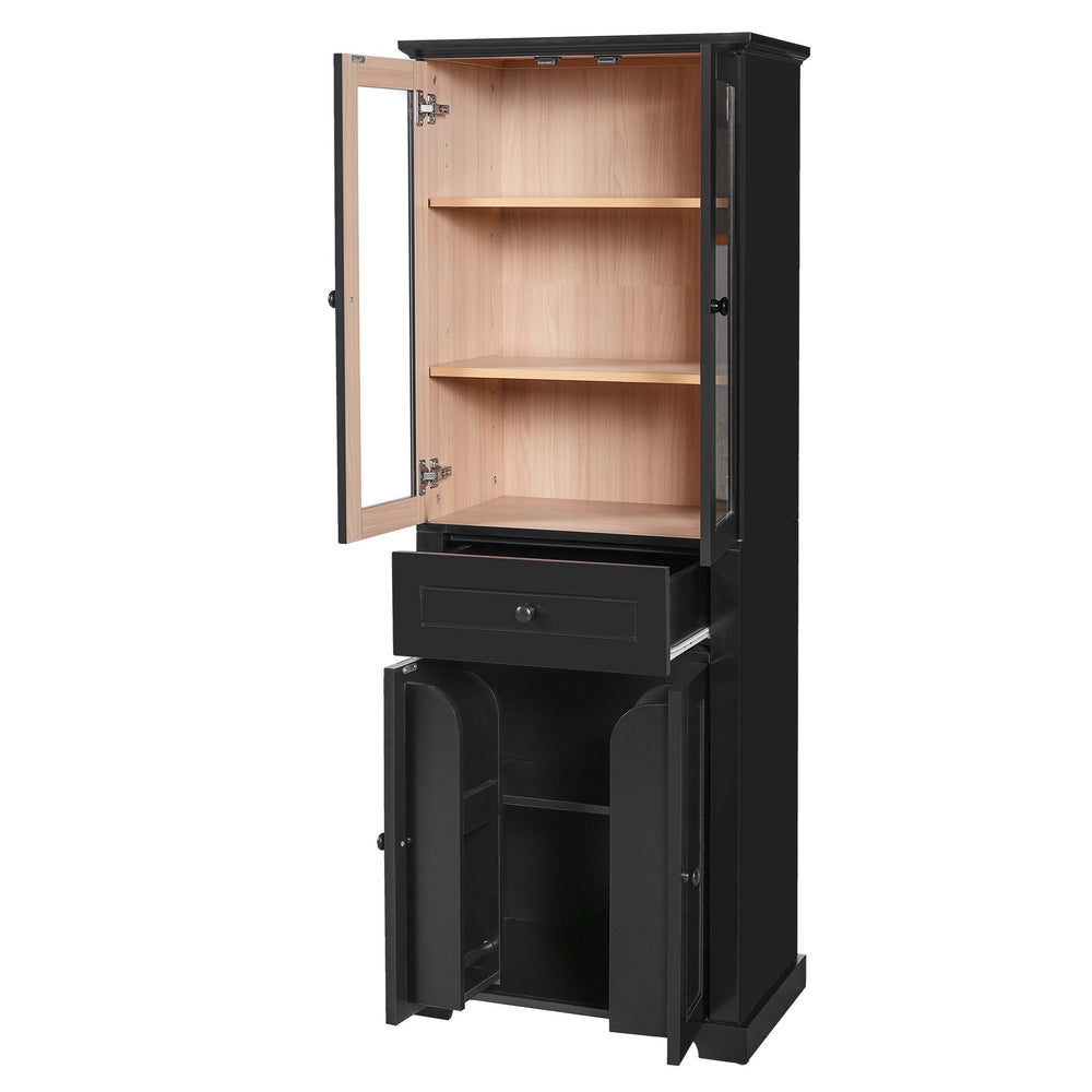 English Elm 67.2" Tall Bathroom Storage Cabinet with Tempered Glass Doors, Adjustable Shelves, Soft-Close Hinges and Anti-Tip Safety Black N729P310006B
