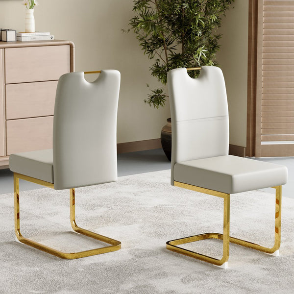 English Elm Modern Cantilever Gold Frame Pu Leather Dining Chairs Glam Set of Four Gray W3875P372988