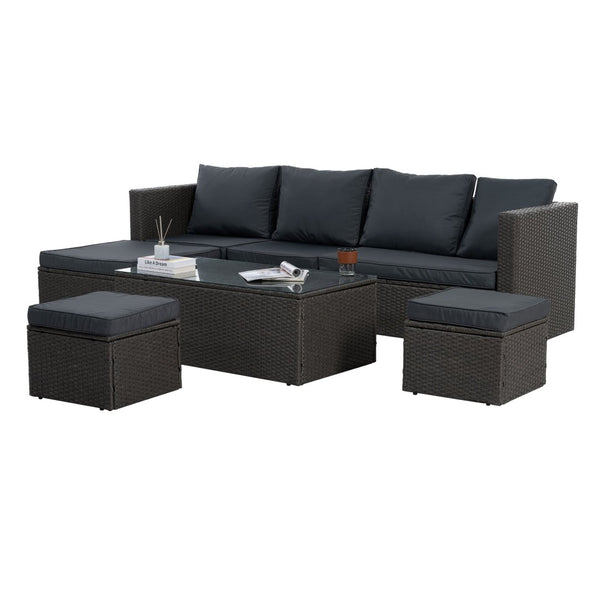 English Elm Patio 7-Piece Pe Wicker Furniture Set With Lounger Sofa, Cushions, And Glass Table For Outdoor Comfort W1703S00029-GIGA