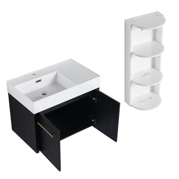 English Elm 30 Inch Wall-Mounted Bathroom Vanity Set With Left Basin Sink, Storage Rack & Modern Design W999S00368
