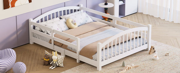 English Elm Full Montessori Pine Wood Floor Bed with Safety Rails Low Profile Kids Room Frame White N733P400299K