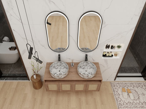 English Elm 48" Floating Bathroom Vanity Oak Finish Dual Ceramic Sinks Four Soft Close Doors W999S00494
