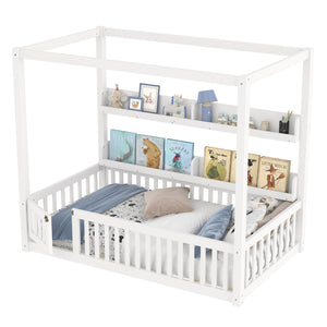 English Elm Twin House Floor Bed with Door and Full-Length Guardrails, Solid Wood Double Twin Floor Bed for Kids' Playful Rooms Light White W1580P359327
