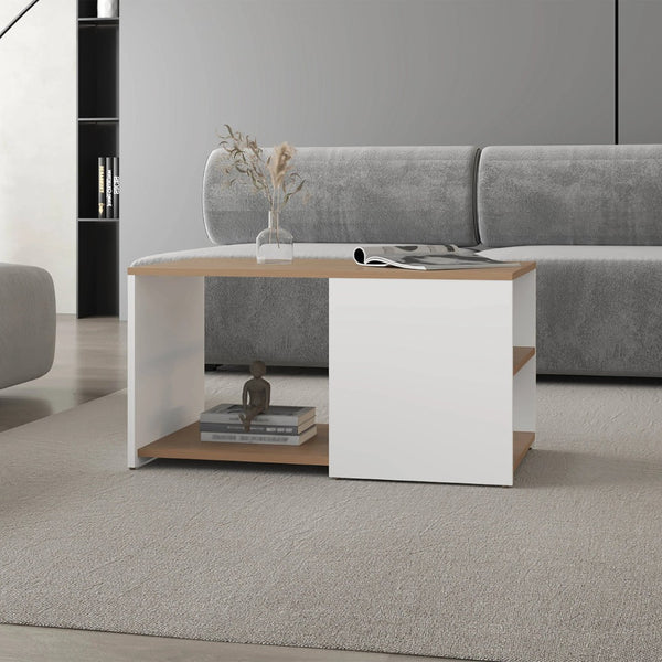 English Elm White Modern Coffee Table With Open Storage, Natural Oak Accents & Stylish Conical Legs Design B062P290221-GIGA