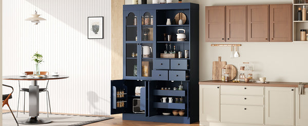 English Elm Topmax Shaker Buffet Hutch with Glass Doors Drawers and Pull-out Trays Blue SP000092AAC