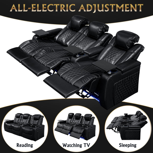 English Elm 93.3"power Recliner Set Nappa Leather Home Theater Rgb Led Memory Foam Seating W3819S00092