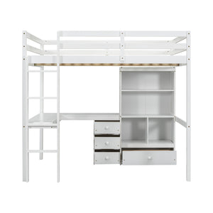 English Elm Full Size Loft Bed With Integrated Desk, Storage Shelves, Drawers & Safe Ladder - Stylish & Space-Saving W504S00161