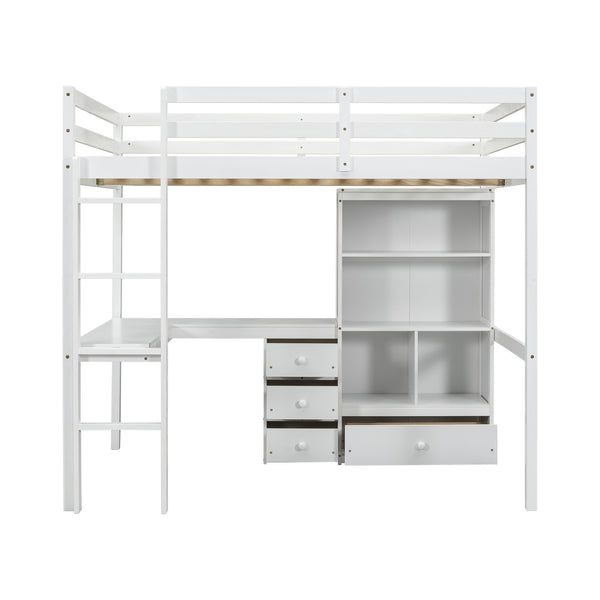 English Elm Full Size Loft Bed With Integrated Desk, Storage Shelves, Drawers & Safe Ladder - Stylish & Space-Saving W504S00161