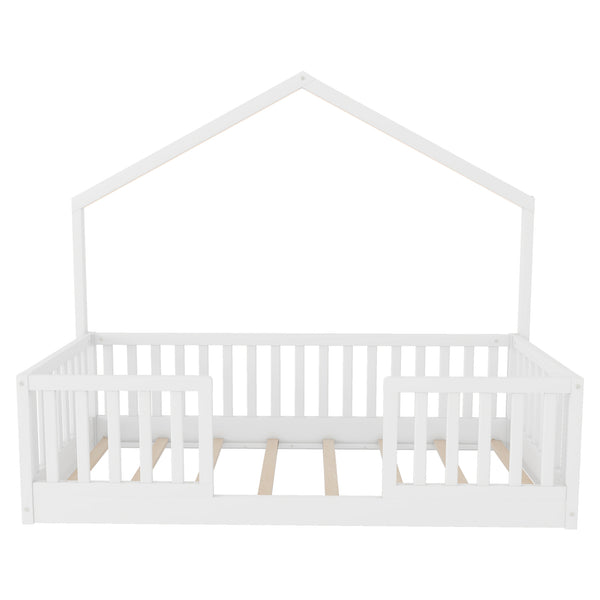 English Elm Twin Montessori Floor Bed House Frame with Led Lighting and Safety Rails for Kids White W2593P440594