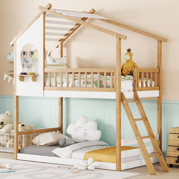 English Elm Twin Over Playhouse Bunk Bed Pinewood Fort Design with Roof and Safety Rails LT100008AAN-3
