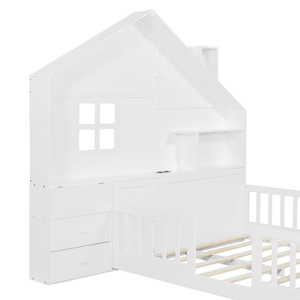 English Elm Full Size House Bed White Wood Frame with Drawers Shelves and Built in Usb Charging LT000423AAK-2