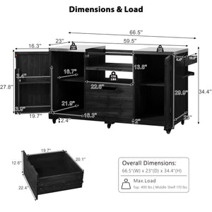 English Elm K&K 66.5" Outdoor Kitchen Island with 1.2" Stainless Steel Top, Ample Storage, Wheels & Bottle Opener Black N707P250629B
