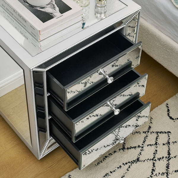 English Elm Three Drawer Mirrored Cabinet with Pearl Lacquer Finish and Crystal Pulls for Glam Decor W1005P416743