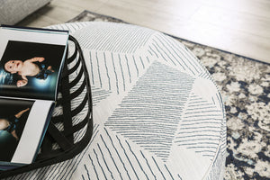 English Elm Round 37.5" Upholstery Ottoman with Geometric Pattern, Gray & Navy Finish, Transitional Accent Seat B2741P355220