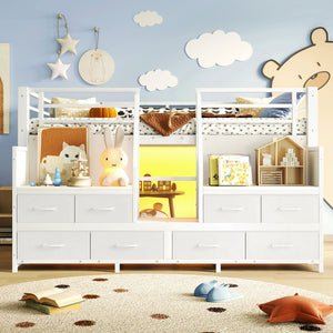 English Elm Twin Low Loft Bed with Shelves Fabric Drawers and Under Bed Study Nook Metal Frame Light White W5305S00042