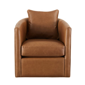 English Elm Jasmine Wax-Oiled Top Grain Leather Swivel Accent Chair — Barrel Design, Removable Cushions, Brown Finish B050P390587