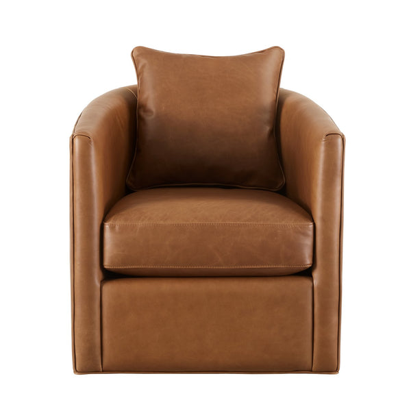 English Elm Jasmine Wax-Oiled Top Grain Leather Swivel Accent Chair — Barrel Design, Removable Cushions, Brown Finish B050P390587