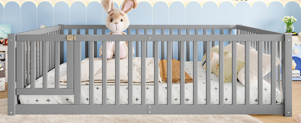English Elm Queen Kids Floor Bed Pine Wood Frame with Safety Rails Door and Low Profile Design Gray W1580P418053