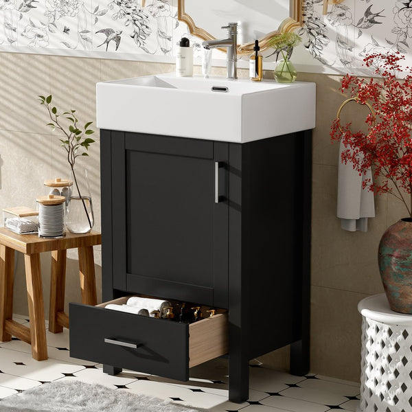 English Elm 20.28'' 20.28" Modern Bathroom Vanity with Ceramic Sink, Solid Wood Frame, Soft-Close Drawer & Cabinet - Space-Saving Design Black N729P277755B