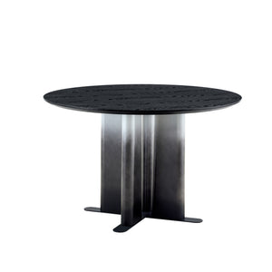 English Elm Modern Round Pedestal Dining Set Six Tufted Pvc Chairs Black Wood Grain Mdf Top W3875S00079