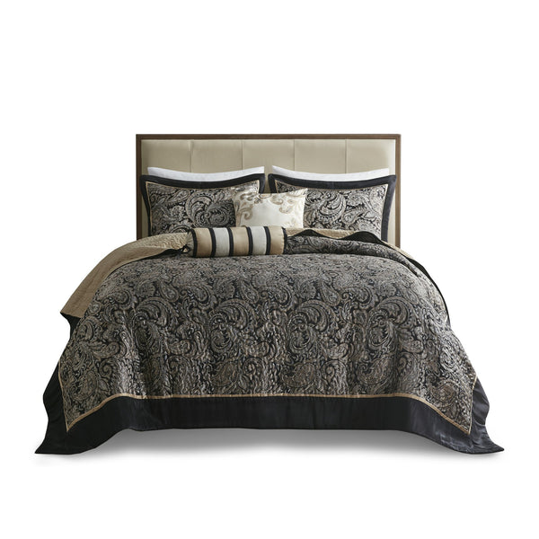 English Elm 5 Aubrey Reversible Jacquard Bedspread Set Queen – Black Gold Paisley, Quilted Shams & Decorative Pillows B03597641
