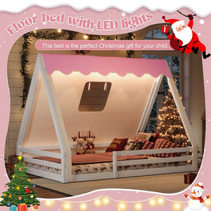 English Elm Twin Montessori Floor Bed Solid Pine Teepee Frame with Guardrails and Canopy Light White+Pink W1580P369467