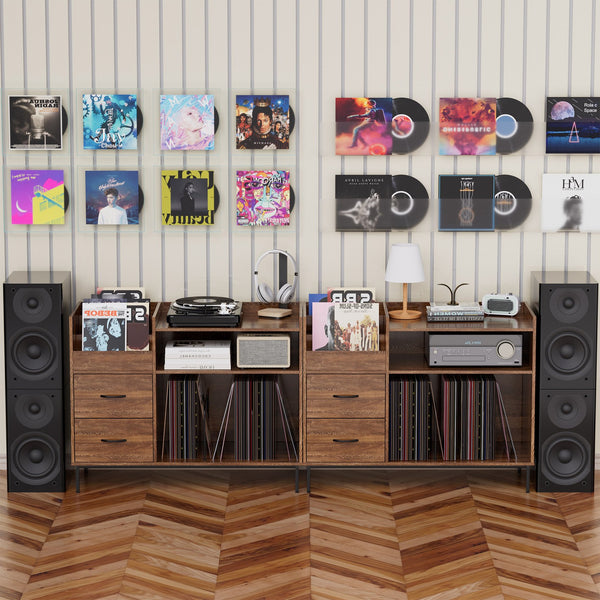 English Elm Record Player Stand with Vinyl Storage Mid-century Wood Console for Living Room T2398P438826