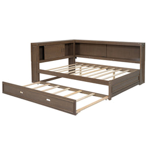 English Elm Full Pine Daybed with Trundle Sliding Storage Shelves Led Lighting and Usb Charging Wood GX004003AAD