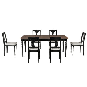 English Elm 7-Piece Extendable Dining Set with Removable Leaf and 6 Upholstered Chairs, Solid Rubberwood Legs, Seats 6 Black+Brown N752S000030B