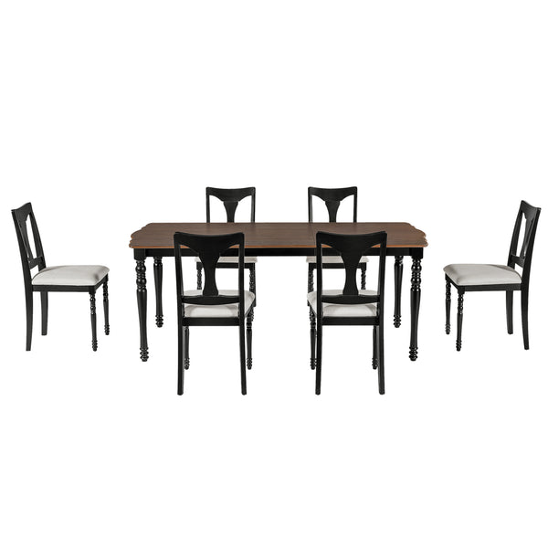 English Elm 7-Piece Extendable Dining Set with Removable Leaf and 6 Upholstered Chairs, Solid Rubberwood Legs, Seats 6 Black+Brown N752S000030B