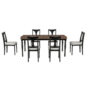 English Elm 7-piece Oak Veneer Extendable Dining Set with 6 Upholstered Chairs for Farmhouse Kitchens Black+Brown N752S100030B