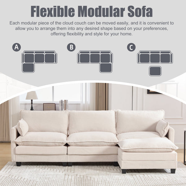 English Elm United We Win Modular Corduroy Sectional with Ottoman Low Profile Living Room Couch Beige W1568S00259