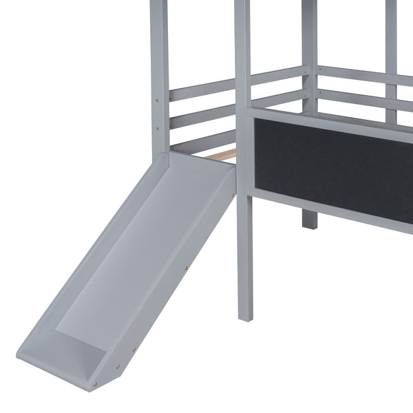 English Elm Twin House Loft Bed with Slide Chalkboard Panel and Led Roofline for Kids Gray WF324323AAE