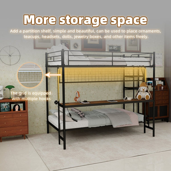English Elm Full Over Twin Metal Bunk Bed with Desk Led Strip Shelves for Teen Dorm Rooms Antique Black W1935S00009