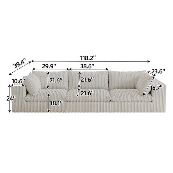 English Elm 118.2" Modular Cloud Sofa Corduroy Upholstered Deep Seat Lounge for Living Room White W2824S00196