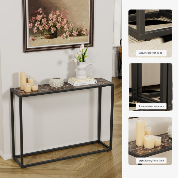 English Elm Narrow industrial console table with marble-edge wrap, space-saving foyer shelf, sturdy metal frame W578P357536
