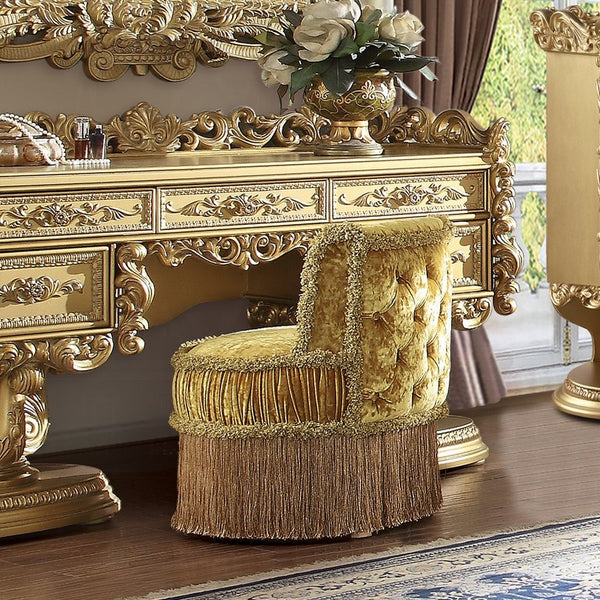 English Elm Gold Rococo Vanity Stool with Button-Tufted Back, Ornate Carvings, Gold Finish, Plush Upholstery B062P215391