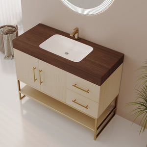 English Elm 36" Freestanding Bathroom Vanity Sintered Stone Top Brushed Gold Legs Wood Cabinet W3136S00056