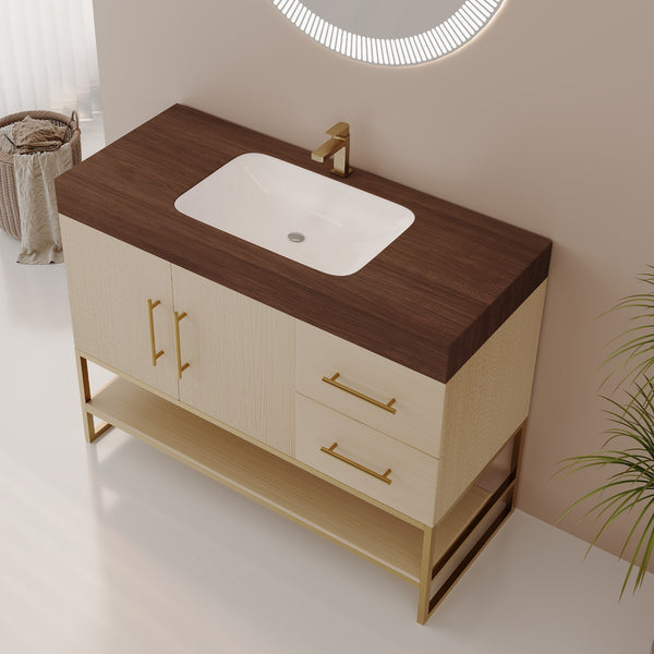 English Elm 36" Freestanding Bathroom Vanity Sintered Stone Top Brushed Gold Legs Wood Cabinet W3136S00056
