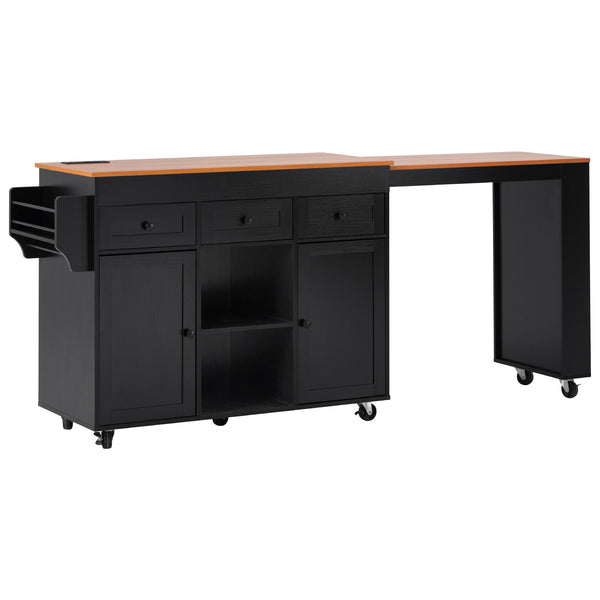 English Elm K&k Rolling Kitchen Island with Extendable Table Open Shelving and Built-in Power Outlet Black N707P360278B