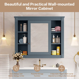 English Elm 35'' Modern Medicine Cabinet with Mirror and Towel Rod, MDF Wall-Mounted Bathroom Storage with Adjustable Shelves and Soft-Close Hinges Blue WF305081AAC