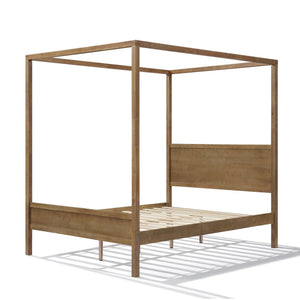 English Elm Queen Solid Wood Canopy Bed Four Post Antique Oak Finish with Curtain Rail Slots N758Q084041N