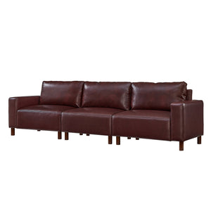 English Elm 112" Mid-century Faux Leather Three-seat Sofa with Rubberwood Legs for Living Room Burgundy W1097S00256